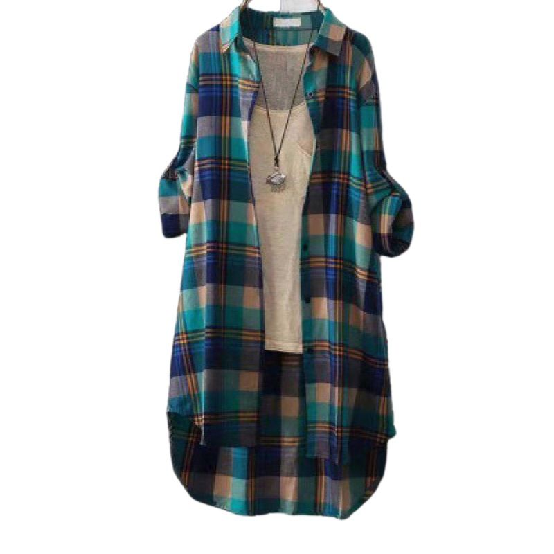 Spring/Summer New Medium-Length Korean-Style Shirt With Checkered Pattern, Women's Loose-Fitting Long-Sleeved Sun-Protec_ecoleips.com