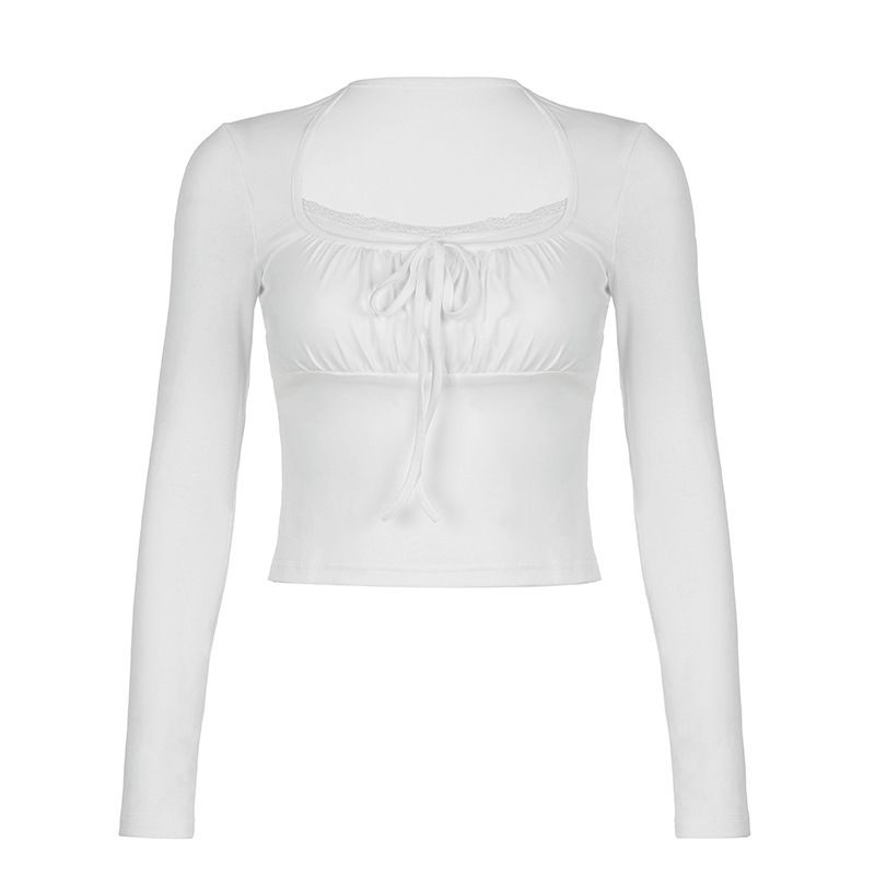 Sexy Slim Fitting Long Sleeve T-Shirt Top Lace Trim Pleated Busty American Style Pure Alluring New 2023_ecoleips.com
