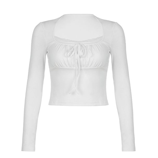 Sexy Slim Fitting Long Sleeve T-Shirt Top Lace Trim Pleated Busty American Style Pure Alluring New 2023_ecoleips.com