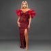 Women's Clothing Sequined Lotus Leaf Sleeve Tube Top V Neck Low Cut Sexy Backpack Hip Slit Dress_ecoleips.com