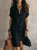 Fashionable Casual Solid Color Shirt Dress Women's Button Down Mid Length Short Sleeved Spring/Autumn Summer_ecoleips.com