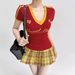 Women's Clothing Women's Spicy Retro Preppy Style Short Sleeve T-Shirt Color Block Striped V Neck Slim Fit Base Layer Top Trendy Letter Print Elastic_ecoleips.com