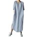 Round Neck Half Sleeve Solid Color Side Split Middle Calf Cotton And Linen Dress Women_ecoleips.com