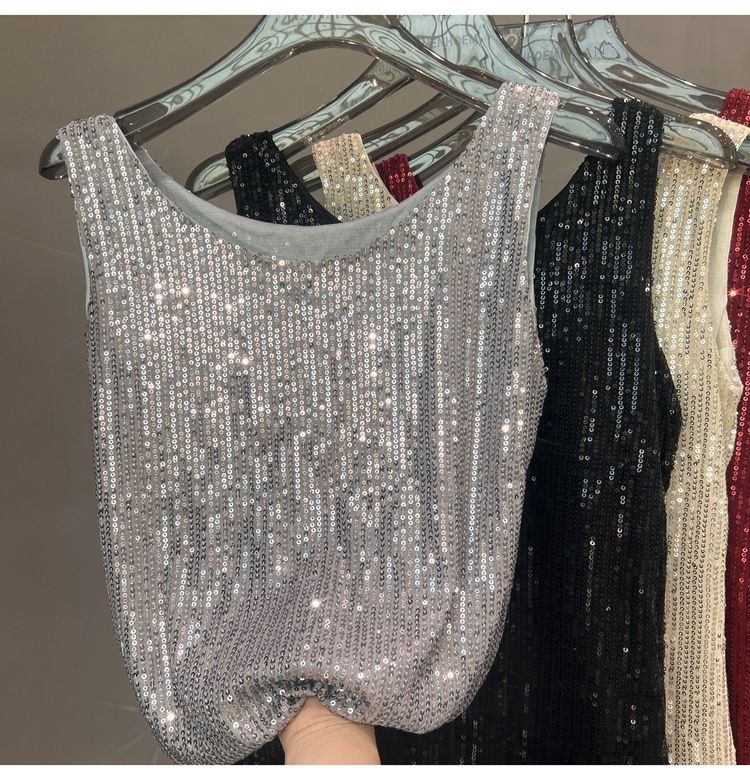 Women's Clothing Sequined Camisole Top American Style Sleeveless Inner Clothing Sexy Mature New_ecoleips.com