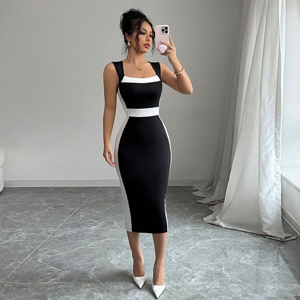 Voya Women's Mature Intellectual Style Long Skirt With Square Neckline And Suspender, Contrasting Color Dress, Sexy Temperament Skirt_ecoleips.com