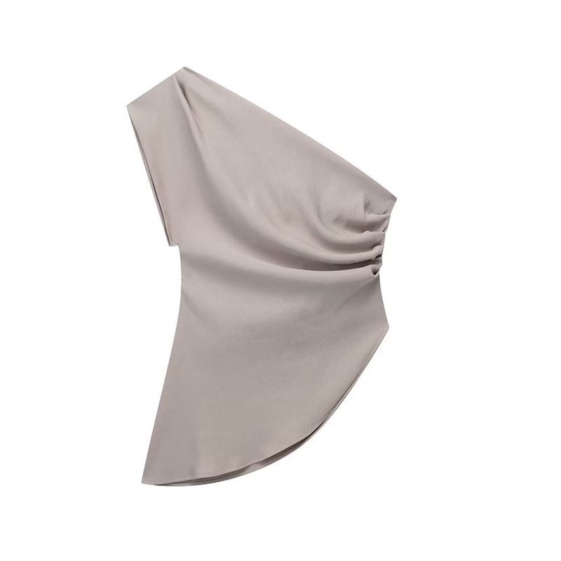 Women's Asymmetrical Vest Top One Shoulder European American Style Summer Clothing with Pleats_ecoleips.com
