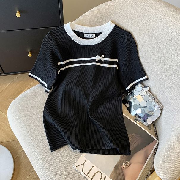 Women's Clothing Short Sleeved Round Neck Contrast Color T Shirt Top Sweater_ecoleips.com