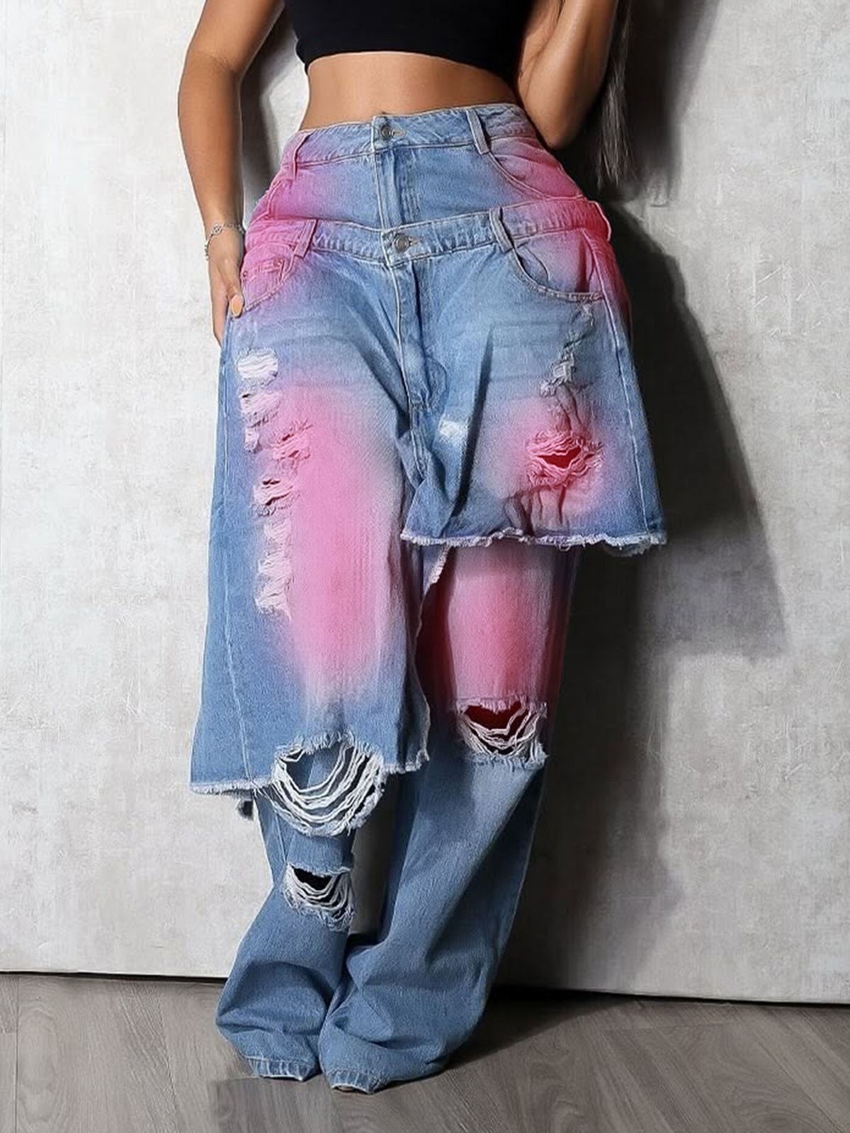 Women's Autumn/Winter Fashion Washed Distressed Denim Jeans Loose Stretch Patchwork Two Piece Trousers_ecoleips.com