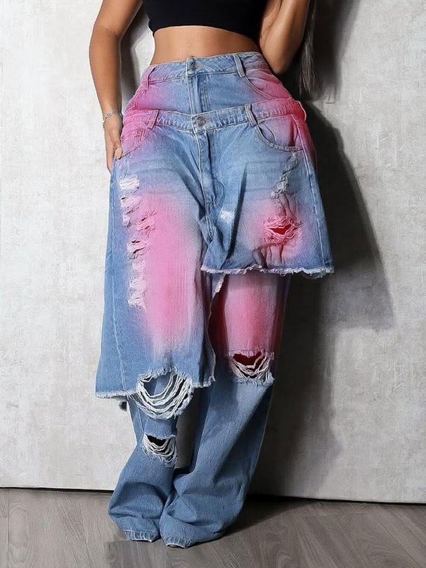 Women's Autumn/Winter Fashion Washed Distressed Denim Jeans Loose Stretch Patchwork Two Piece Trousers_ecoleips.com