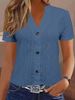 Women's Clothing Fashion Casual Solid Color Button V Neck Short Sleeved T Shirt_ecoleips.com