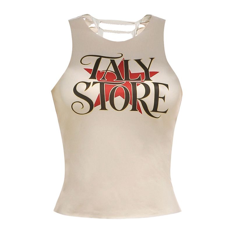 Summer Style Women's Slim Fit Round Neck Cropped Top Sexy Letter Print Irregular Backless Design_ecoleips.com