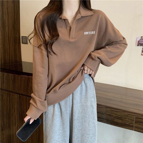 real-shot Polo Collar Sweatshirt For Women, Spring And Autumn, Thin, Loose, New Plus Size, Hong Kong Style,_ecoleips.com