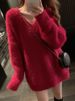 K Women's New V-neck Sweater; Soft, Sweet, And Lazy Style; Large Size Knitted Sweater For Women. No Necklace Or Other Accessories_ecoleips.com