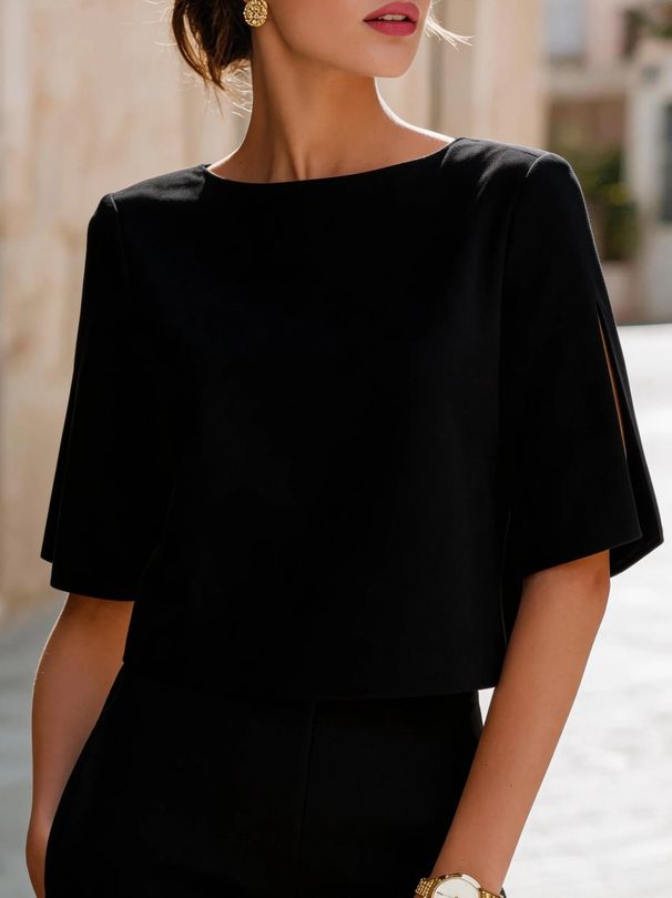 Women's Clothing Women's Minimalist Round Neck Slit Mid Sleeve Short Top Spring/Summer_ecoleips.com