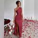 2026 Cross-Border One-Shoulder Ruched Split Sexy Short-Sleeve Satin Dress European And American Summer Style_ecoleips.com