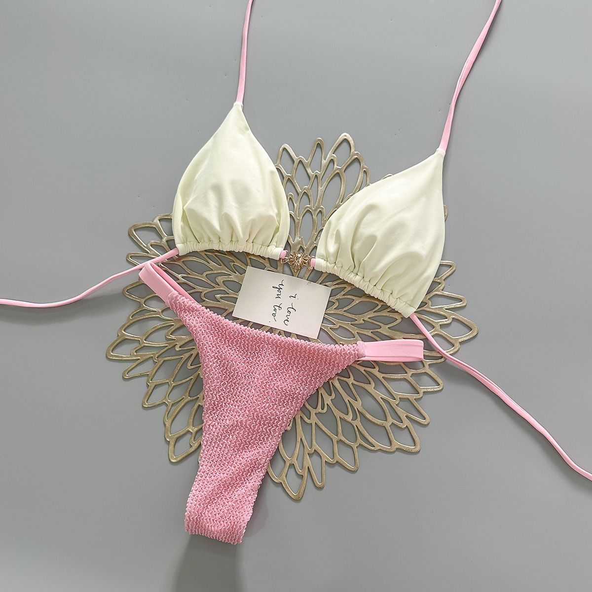 2026 Pink And White Color Block Bikini Tie-Up Swimsuit Girlish Style Alluring Thong Bikini Set for Vacation Regular Size_ecoleips.com