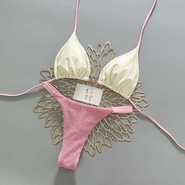 2026 Pink And White Color Block Bikini Tie-Up Swimsuit Girlish Style Alluring Thong Bikini Set for Vacation Regular Size_ecoleips.com