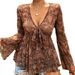 Women's Slim Fit Long Sleeve T-Shirt Deep V Neck Mesh Print Versatile Top European American Style Independent Amazon Store_ecoleips.com