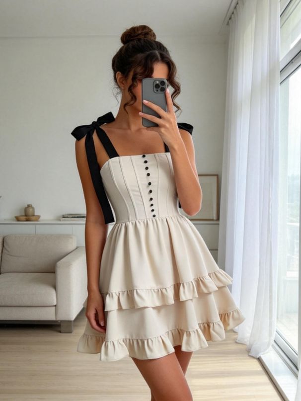 2026 Summer New Rice Apricot Bow Shoulder Strap Dress Women, Fishbone Waist Double-layer Ruffle Edge Sweet Cool Lolita Style Skirt_ecoleips.com