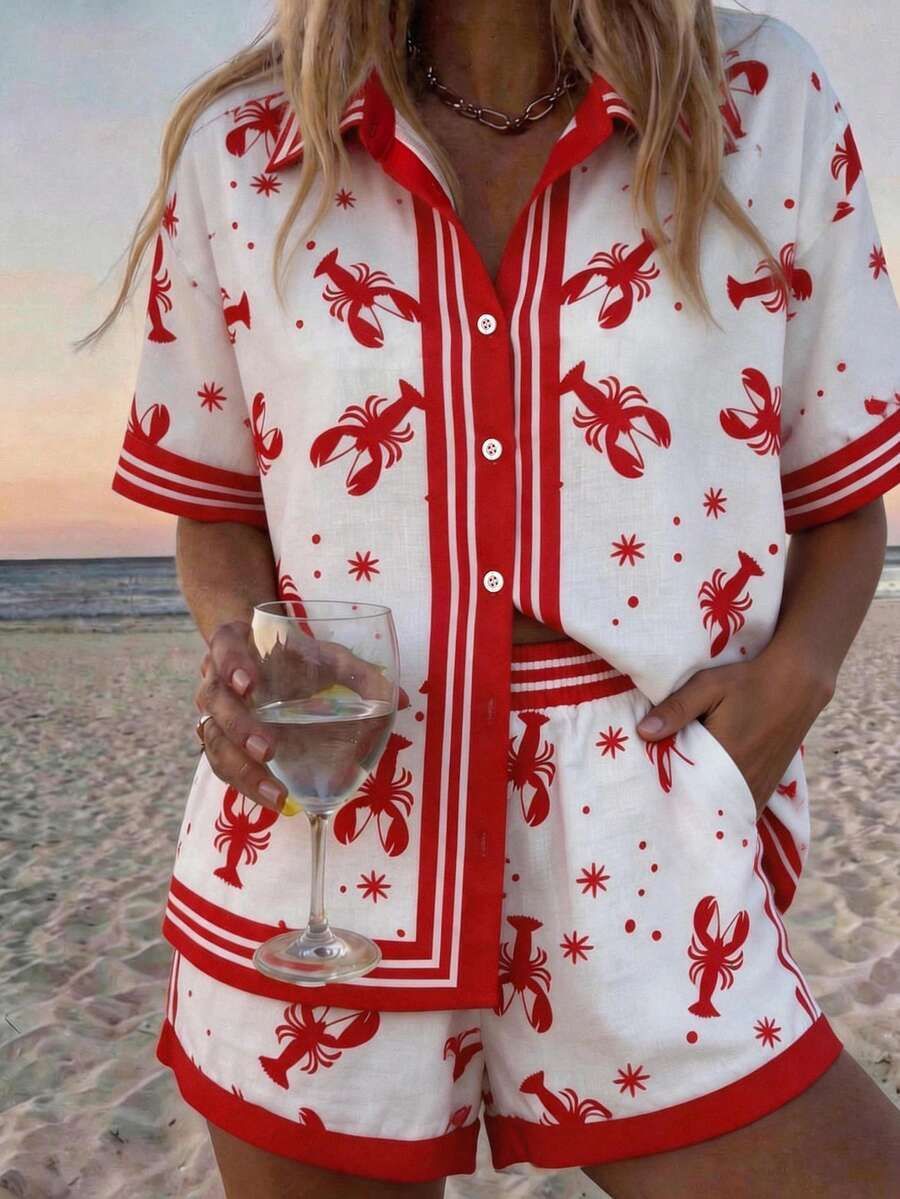 Women's Resort Style Printed Collared Shirt And Shorts Set Short Sleeve Summer Outfit_ecoleips.com