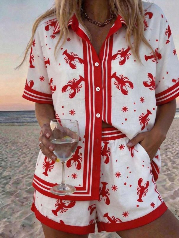 Women's Resort Style Printed Collared Shirt And Shorts Set Short Sleeve Summer Outfit_ecoleips.com