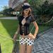 Women's Slim Fit Round Neck Puff Sleeve T-Shirt Sexy Hollow Out Mushroom Button Detail Solid Color Summer Top Style_ecoleips.com