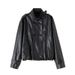 Aria Basics Xinge Oil-Wax Black Jacket For Women, Stand Collar, Lace-Up, Soft, Short Casual Jacket, Autumn Women's Leather Coat_ecoleips.com
