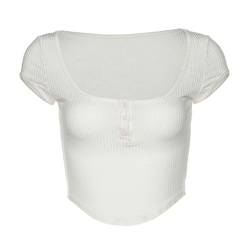 Fashionable 2025 Summer New Short Sleeved U-neck Single Breasted Slim Fit Open Navel Solid Color T-shirt For Women_ecoleips.com