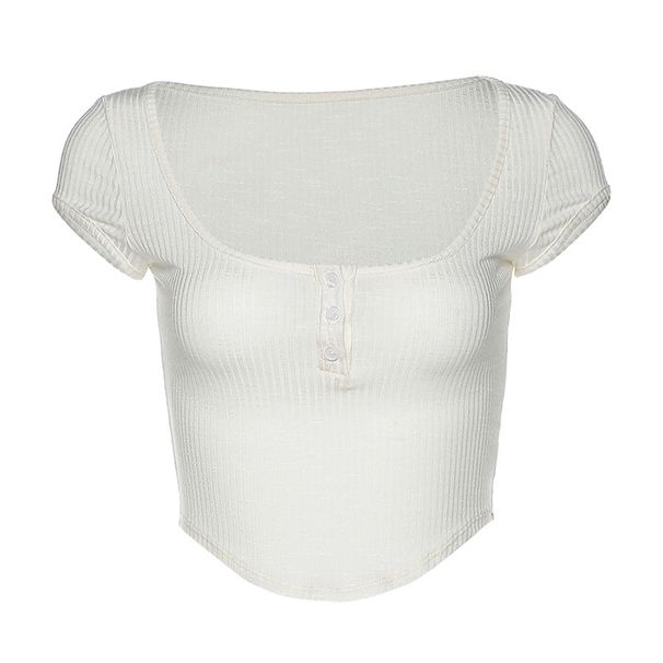 Fashionable 2025 Summer New Short Sleeved U-neck Single Breasted Slim Fit Open Navel Solid Color T-shirt For Women_ecoleips.com