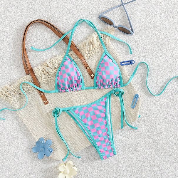 Women's Checkered Print Halter Bikini Set Quick-Dry Polyester Swimwear With Adjustable Straps For Beach Pool S-L Size_ecoleips.com
