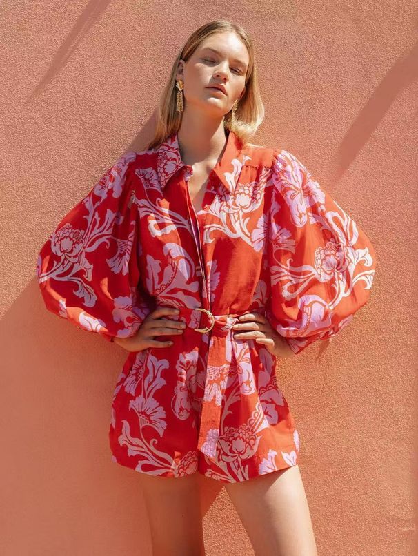 Women's Loose Fitting Casual Puff Sleeve Jumpsuit with Tie Waist Linen Blend Romper for Spring/Summer_ecoleips.com