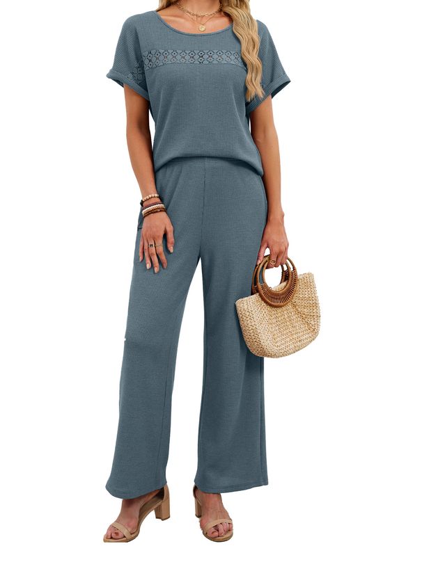 Women's Solid Color Lace Trim Sleeveless Top & Pants Set – Breathable Cotton-Polyester Lounge Wear For Summer – Casual Office & Vacation Outfit_ecoleips.com