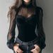 Mesh Patchwork Black Hollow Out Top Lantern Sleeve Lace Base Shirt_ecoleips.com