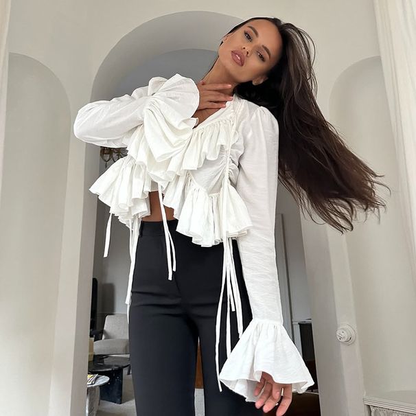 Women's Clothing Spring And Summer New Design V-neck Horn Sleeve Irregular Lace-up Ruffled Shirt_ecoleips.com