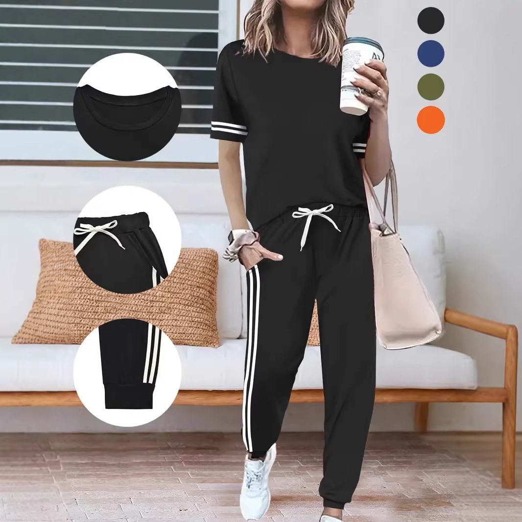 Women's Two Piece Set Round Neck Short Sleeve Loose Fitting Patch Top With Drawstring Cuffs Style Exclusive_ecoleips.com