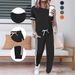 Women's Two Piece Set Round Neck Short Sleeve Loose Fitting Patch Top With Drawstring Cuffs Style Exclusive_ecoleips.com