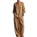 Women's Casual V Neck Long Sleeve Pants Set With Pockets Multi Color Cotton Top And Bottoms Ensemble_ecoleips.com