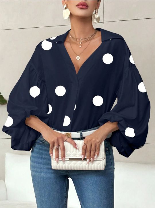 "Polka Dot Chiffon Blouse – Lantern Sleeve Button-Down Top For Women, Lightweight Summer Casual Shirt"_ecoleips.com
