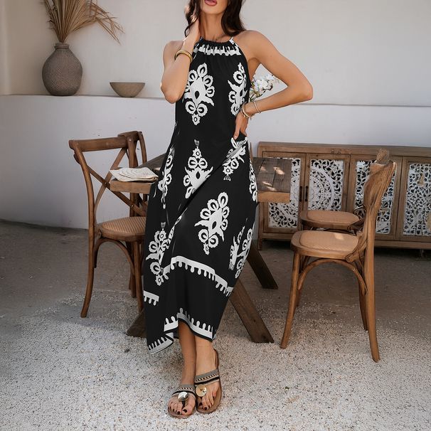 DiYun 2025 Spring/Summer Casual Bohemian Resort Style Color-Block Halter Neck Sleeveless Dress For_ecoleips.com