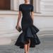 Summer Ruffle Hem Elegant Long Dress Irregular High Waist Commuting A-line Dress Lady O-neck Short Sleeved Slim Fit Party Dress_ecoleips.com