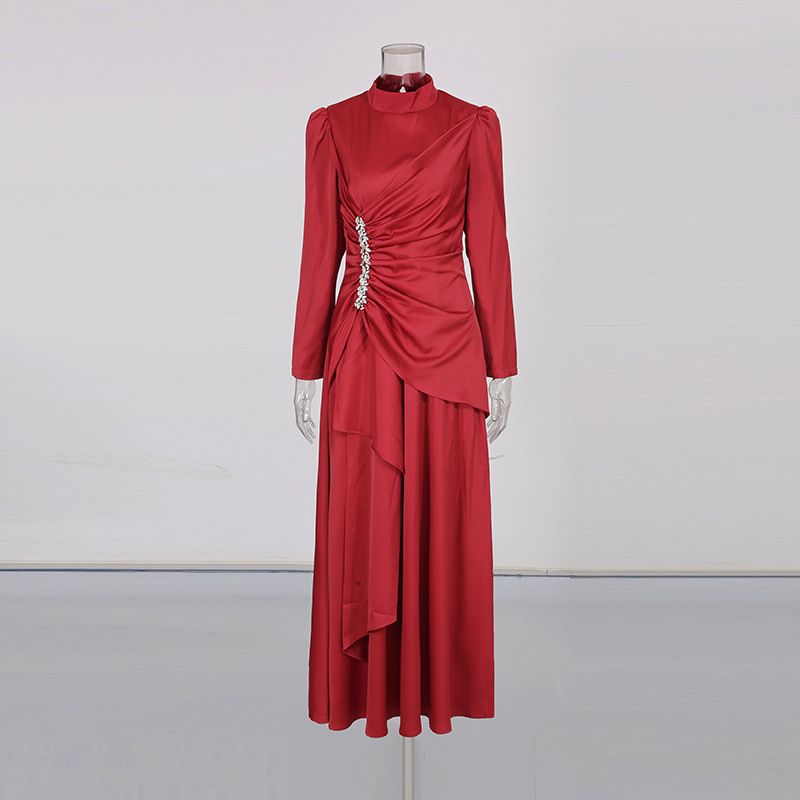 "Elegant Satin Stand Collar Long Dress – Rhinestone & Ruffle Detailing, Women's Formal Evening Gown For Special Occasions"_ecoleips.com