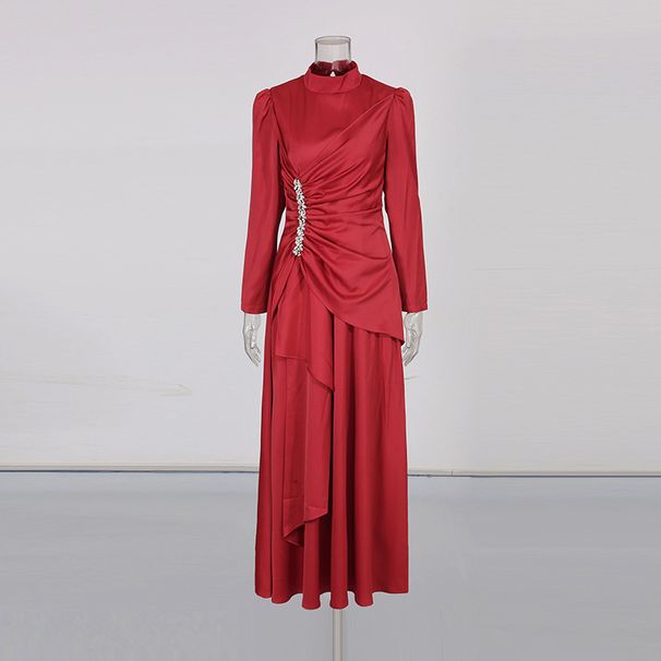 "Elegant Satin Stand Collar Long Dress – Rhinestone & Ruffle Detailing, Women's Formal Evening Gown For Special Occasions"_ecoleips.com
