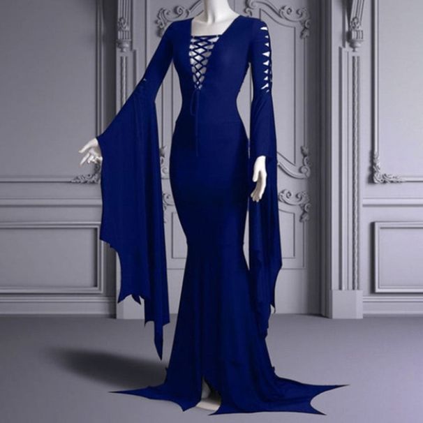 Women's Clothing New Halloween Sexy Strappy Hip Wrapped Gothic Style Women's Trumpet Sleeve Lace Up V Neck Dress_ecoleips.com