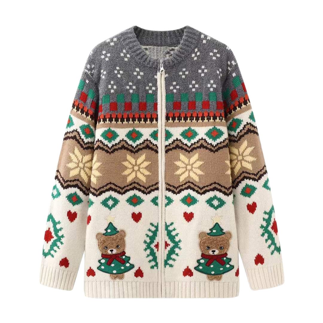 girl 94082025 Winter New Fashion Versatile Round Neck Christmas Bear Jacquard Knitted Cardigan For Women_ecoleips.com