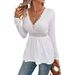 European And American Cross-border 2026 Spring New Elegant Solid Color V-neck Lace Splicing Long-sleeve T-shirt Top_ecoleips.com