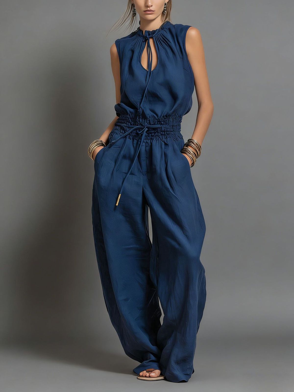 Women's Summer Street Style Loose Sleeveless Jumpsuit Waist Cinching Wide Leg_ecoleips.com