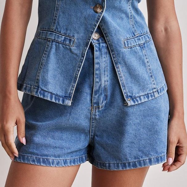 Women's Clothing High Waist Loose Fit Denim Shorts Set Sleeveless Spring Summer Design_ecoleips.com
