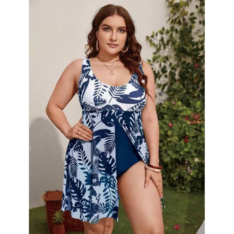 Women's Plus Size One Piece Swimsuit American Style Tummy Covering Slimming Conservative Digital Print Skirt Style_ecoleips.com