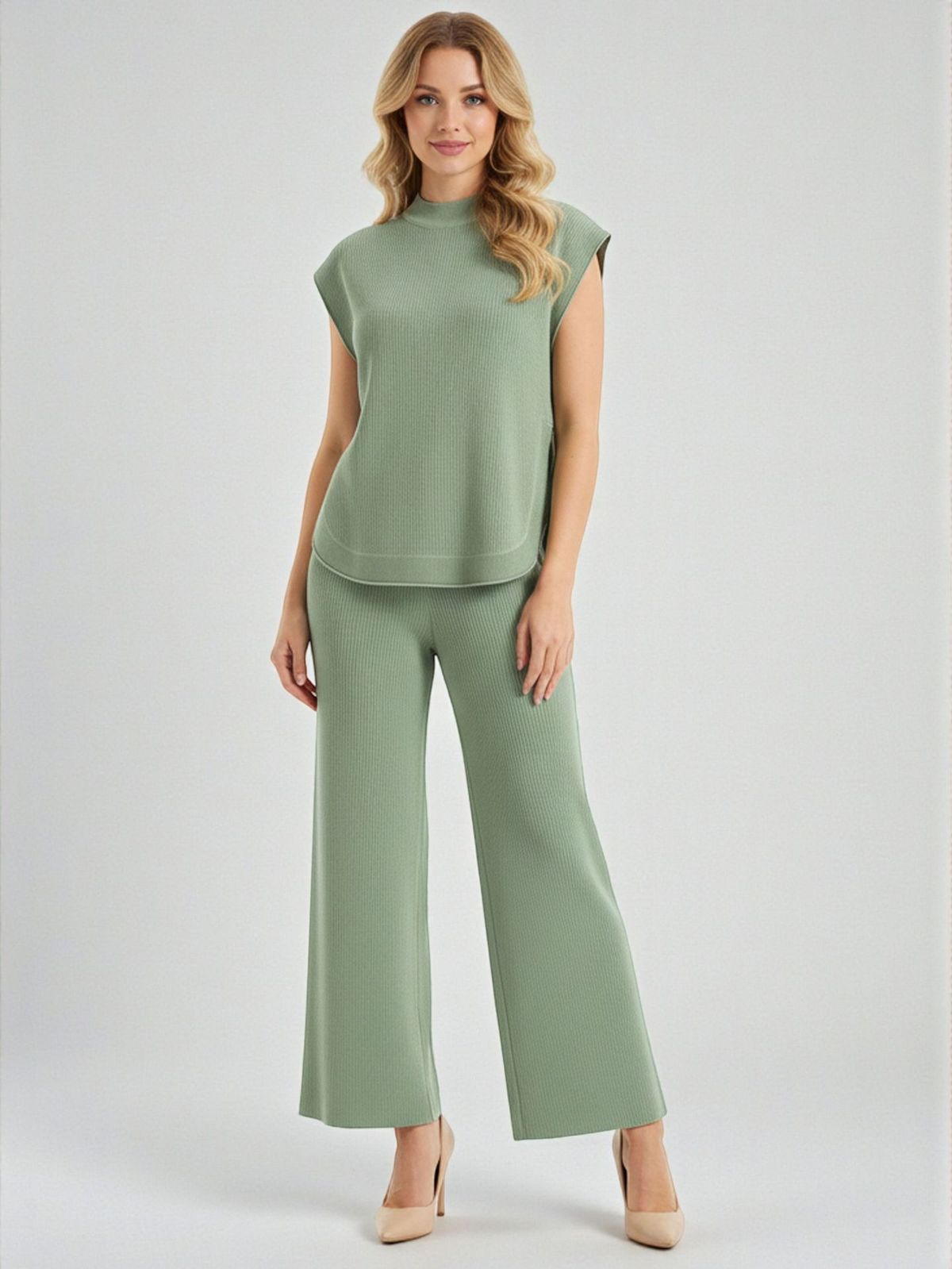 American Style Women's Summer Two-Piece Set Thin Round Neck Knitted Top High-Waisted Wide Leg Pants Casual_ecoleips.com