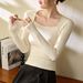 2025 #Superior Choice # Temperament Shoulder Square Neck T-Shirt Women's Long Sleeve 2025 Autumn New Tight Bottom Shirt Top_ecoleips.com